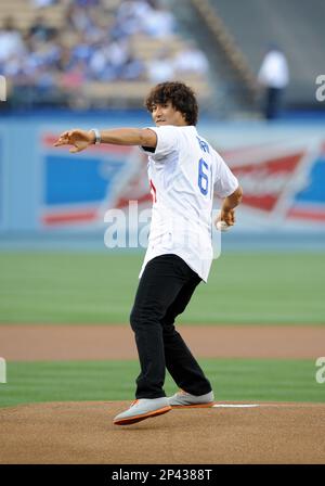 27 May 2014: Former Dodger Korean pitcher Chan Ho Park throws out the first  pitch during a Major League Baseball game between the Cincinnati Reds and  the Los Angeles Dodgers at Dodger