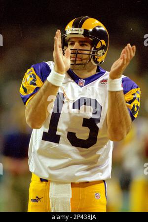 January 30, 2000: St. Louis Rams quarterback Kurt Warner #13 drops back to  pass against the Tennessee Titans in Super Bowl XXXIV (34). The Rams  defeated the Titans by the final score