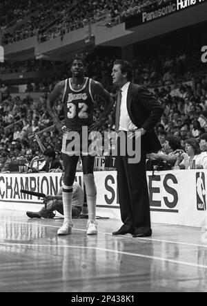 June 12, 1984; Magic Johnson of the Los Angeles Lakers during the game. The  Boston Celtics defeated the Los Angeles Lakers in game 7 of the 1984 NBA  Finals by the final score of 111-102 at Boston Garden in Boston, MA. (Icon  Sportswire via AP Images