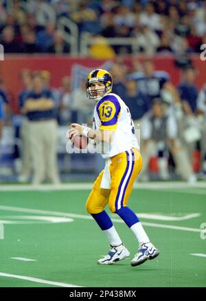 January 30, 2000: St. Louis Rams quarterback Kurt Warner #13 drops back to  pass against the Tennessee Titans in Super Bowl XXXIV (34). The Rams  defeated the Titans by the final score