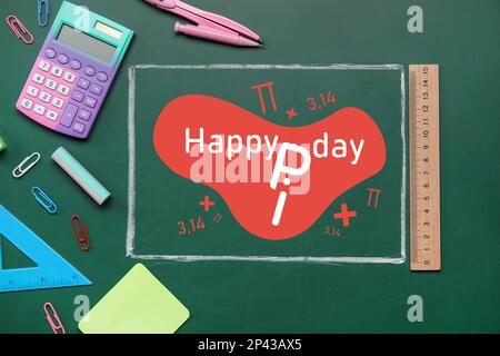 Different school stationery and text HAPPY PI DAY on blackboard Stock Photo