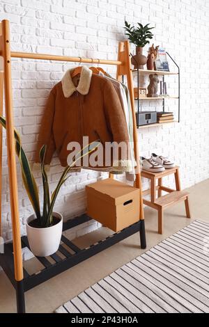 Interior of stylish hall with rack and shelf Stock Photo - Alamy