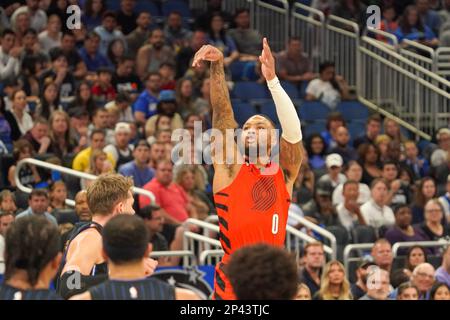 Orlando, Florida, USA, March 5, 2023, Portland Trail Blazers guard Damian Lillard #0 attempt to score during the first half at the Amway Center. (Photo Credit: Marty Jean-Louis/Alamy Live News Stock Photo
