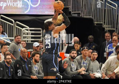 Orlando, Florida, USA, March 5, 2023, Orlando Magic forward Admiral Schofield #25 shoots a three during the first half at the Amway Center. (Photo Credit: Marty Jean-Louis/Alamy Live News Stock Photo