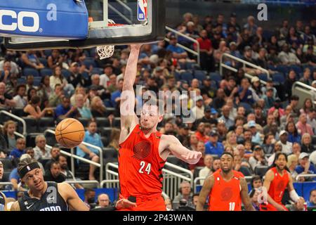 Orlando, Florida, USA, March 5, 2023, Portland Trail Blazers forward Drew Eubanks #24 makes a dunk in the first half at the Amway Center. (Photo Credit: Marty Jean-Louis/Alamy Live News Stock Photo