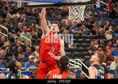Orlando, Florida, USA, March 5, 2023, Portland Trail Blazers forward Drew Eubanks #24 attempt to score in the first half at the Amway Center. (Photo Credit: Marty Jean-Louis/Alamy Live News Stock Photo