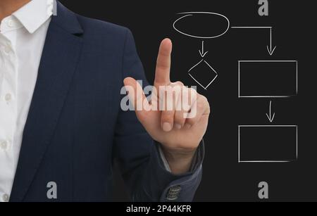 Man pointing at flowchart on virtual screen against black background, closeup. Business process Stock Photo