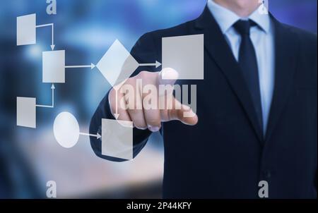 Man pointing at flowchart on virtual screen against blurred background, closeup. Business process Stock Photo