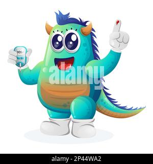 Cute blue monster holding a blood glucose meter. Perfect for kids, small business or e-Commerce, merchandise and sticker, banner promotion, blog or vl Stock Vector