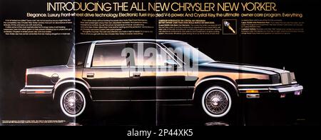 Chrysler New Yorker Landau 4-page advert in a Natgeo magazine February 1988 Stock Photo