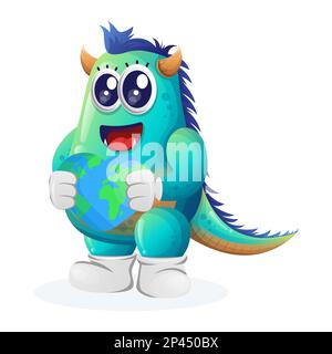 Cute blue monster holding earth with love shape. Perfect for kids, small business or e-Commerce, merchandise and sticker, banner promotion, blog or vl Stock Vector