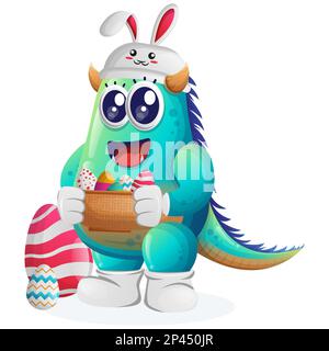 Cute blue monster wearing the bunny cap with holding easter egg in basket. Perfect for kids, small business or e-Commerce, merchandise and sticker, ba Stock Vector