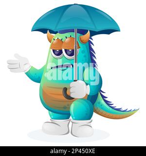 Cute blue monster holding umbrella with boblue expression. Perfect for kids, small business or e-Commerce, merchandise and sticker, banner promotion, Stock Vector