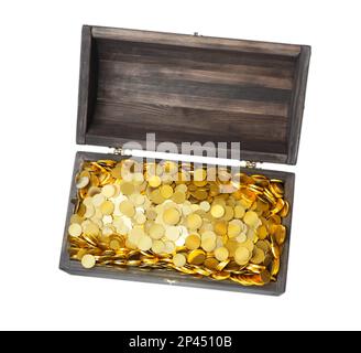 Open treasure chest with gold coins isolated on white Stock Photo