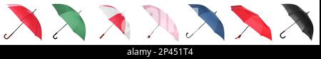 Set with different stylish umbrellas on white background. Banner design Stock Photo