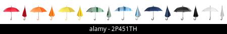 Set with different stylish umbrellas on white background. Banner design Stock Photo