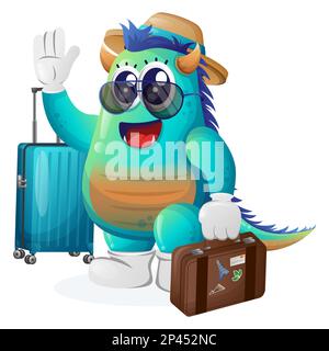 Cute blue monster on vacation carrying a suitcase. Perfect for kids, small business or e-Commerce, merchandise and sticker, banner promotion, blog or Stock Vector