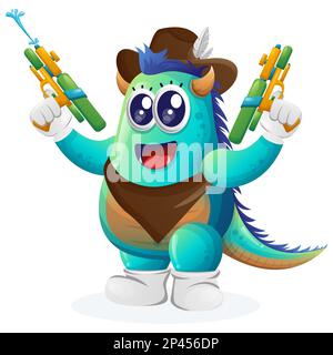 Cute blue monster playing with water gun toy. Perfect for kids, small business or e-Commerce, merchandise and sticker, banner promotion, blog or vlog Stock Vector