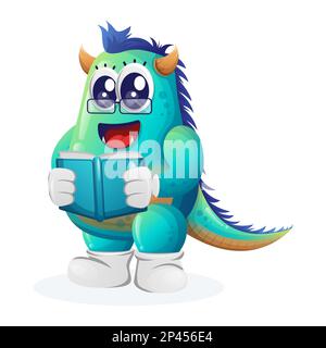 Cute blue monster reading a book. Perfect for kids, small business or e-Commerce, merchandise and sticker, banner promotion, blog or vlog channel Stock Vector