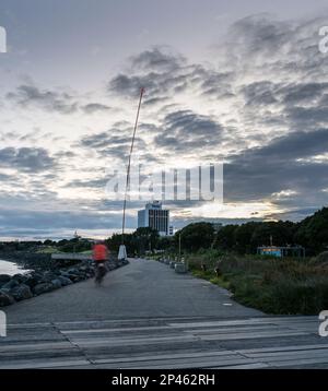 Wind Wand on Coastal Walkway, out-of-focus cyclist riding at dawn. New Plymouth. New Zealand. Vertical format. Stock Photo