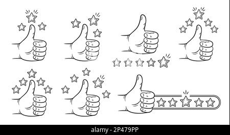 Hand thumb up with stars like rating, customer feedback, reputation, good client review line icon. Internet vote. Recommend, quality ranking. Vector Stock Vector