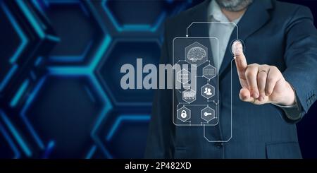 AI in Biometrics and Security. Businessman using fingerprint to get access through ai. Stock Photo