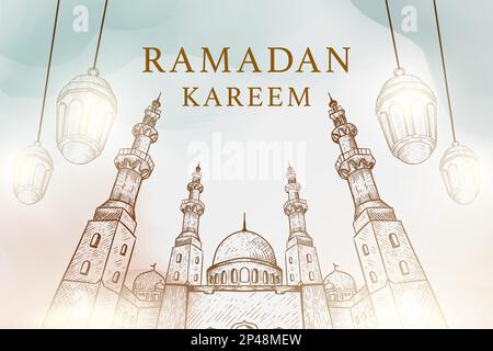 hand drawn ramadan kareem background illustration with mosque and lanterns Stock Vector