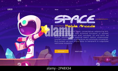 Astronaut in space on alien planet landscape, mobile arcade landing page. Cosmos background with cute cosmonaut in white spacesuit and helmet holding golden star, vector cartoon illustration Stock Vector