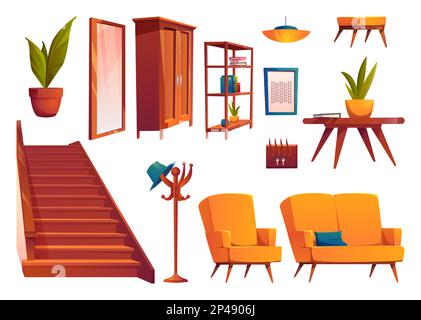 Living room hall vector interior furniture cartoon set. Isolated staircase, coffee table, armchair and sofa on white background to construct own hallway. Big closet and pouf for hotel apartment Stock Vector