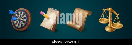 Game icons of target, map, clipboard and scales. 3d game props, dart goal with arrows, notepad with pencil, ancient scroll with map and balance scales, vector cartoon set Stock Vector