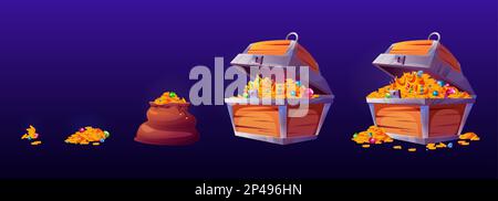 Pirate treasure icons with gold coins, bag and wooden chest. Game assets with money piles, ancient wood trunk with golden coins, gems and crowns, vector cartoon set Stock Vector
