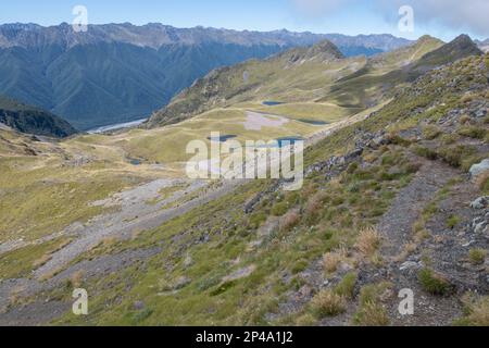 A landscape with mountains and high elevation tarns or ponds high in the Southern Alps of Nelson Lakes National Park in Aotearoa New Zealand. Stock Photo