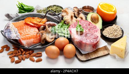 Foods High in Zinc for lowers cholesterol; reproduce health, boosts immune system. Healthy diet concept. Top view. Stock Photo