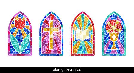 Church stained windows with religious Easter symbols. Christian mosaic ...