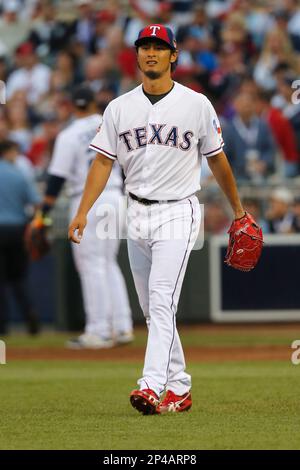 Pitcher Yu Darvish of the Texas Rangers stands on the mound at