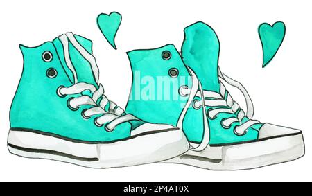 Watercolor mint blue turquoise sneakers pair shoes isolated vector ...