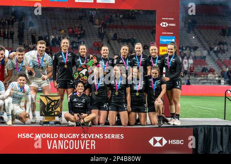 Vancouver, Canada. 5th March, 2023. Womens Gold medallists New Zealand's players pose on the podium during the annual HSBC World Rugby Sevens Series tournament at BC Place in Vancouver, Canada. Credit: Joe Ng/Alamy Live News. Stock Photo