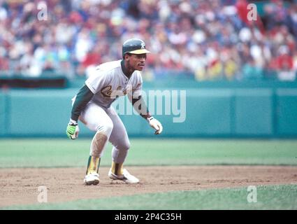 Oakland A's Rickey Henderson(35) during a game from the 1984 season at  Fenway Park in Boston, Massachusetts. Rickey Henderson played for 25 years  with 9 different teams and was inducted to the