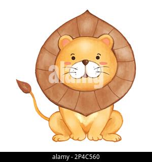 Lion . Watercolor paint design . Cute animal cartoon character . Sit position . Vector . Stock Vector