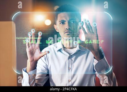 Futuristic, hologram and touch screen, man in future technology and digital overlay on data in virtual reality. Hands on biometric cyber security Stock Photo