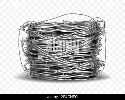 Coil of metal steel barbed wire with thorns or spikes realistic vector illustration isolated on transparent background with shadow. Rolled wire spool, industrial facility Stock Vector