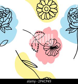 Flowers with colorful brush seamless pattern in flat doodle cartoon style. Vector seamless wallpaper with white background. Stock Vector