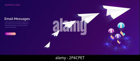 Email message service, isometric concept vector. Flying paper planes and parachuting icon envelopes descend to luminous circle, ultraviolet web page for email marketing company, sending notifications Stock Vector