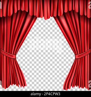 Open red silk fabric curtains, realistic vector illustration. Velvet drapery for theatrical stage, presentation or award ceremony, isolated on transparent background. Scarlet home window textile Stock Vector