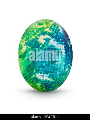 Abstract blue - yellow - green drawings on painted eggs on white isolated background. Easter concept, fantasy animal eggs. Copy space Stock Photo