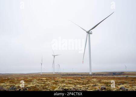 Wind turbines for generating electricity in the field on a cloudy windy day. Transition to the production of safe renewable electricity. Environmental Stock Photo