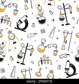Science biology chemical experiment lab seamless pattern. Chemical laboratory equipment. Hand drawn chemical processes. Doodle vector illustration Stock Vector