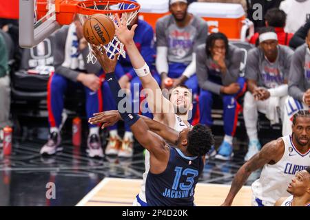 Los Angeles, California, USA. 5th Mar, 2023. Los Angeles Clippers center Ivica Zubac (BACK) blocks a shot by Memphis Grizzlies forward Jaren Jackson Jr. (FRONT) during an NBA basketball game at Crypto.com Arena in Los Angeles Friday, Feb. 24, 2023. (Credit Image: © Ringo Chiu/ZUMA Press Wire) EDITORIAL USAGE ONLY! Not for Commercial USAGE! Credit: ZUMA Press, Inc./Alamy Live News Stock Photo