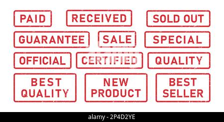 Grunge words Guarantee, Sale, Special rubber stamps. Paid, Received, Quality sign red sticker set. Grunge vintage square label Sold out, Certified Stock Vector