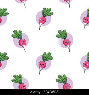 Cute Kawaii Radish seamless pattern in doodle style. Vector hand drawn cartoon Radish illustration. Stock Vector